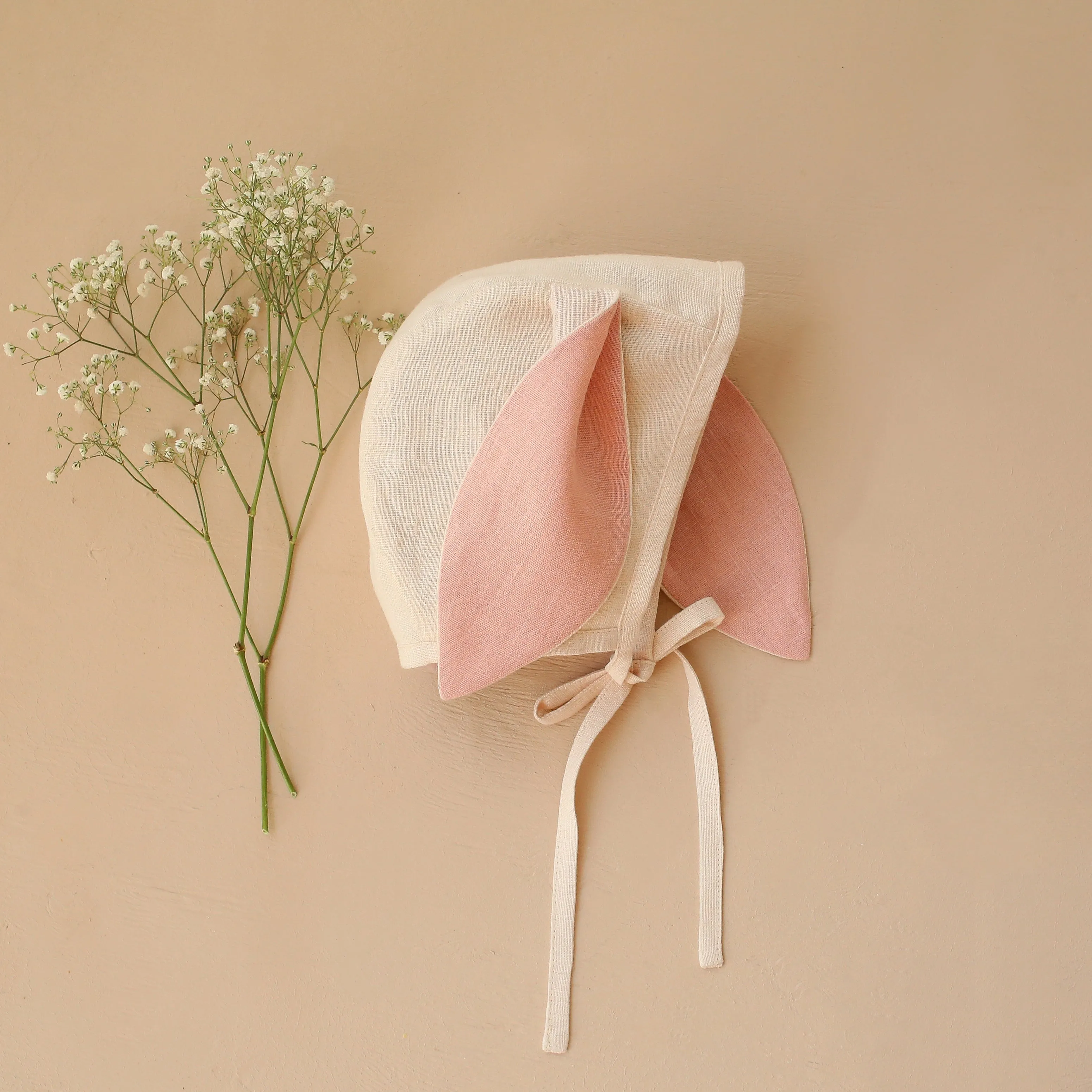 Ivory Linen Bunny Bonnet with Powder Lined Ears