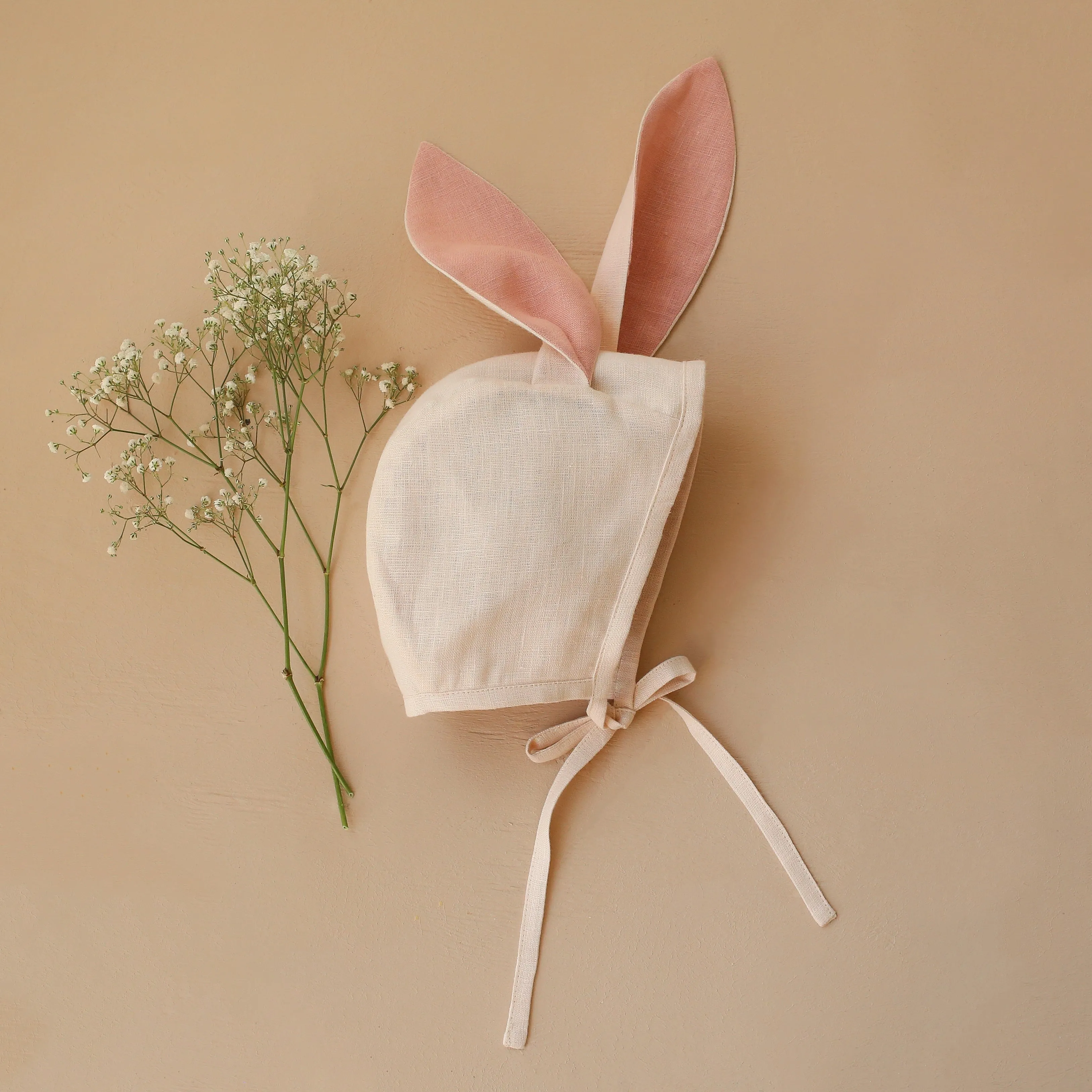 Ivory Linen Bunny Bonnet with Powder Lined Ears