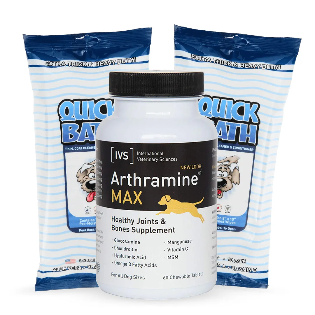QuickBath® Dog Towelettes Removes Odor & Bacteria    Arthramine® MAX Joint Care MSM   OMEGA 3   Vitamin C Chewable Tablet For Dogs (60 Count)